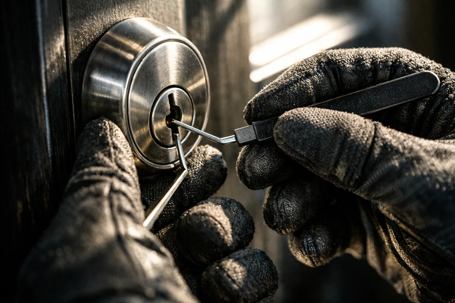Hand mit schwarzer, angegriffener Arbeitshandschuh öffnet einen schwarzen Türschloss mit einem Schraubenzieher.