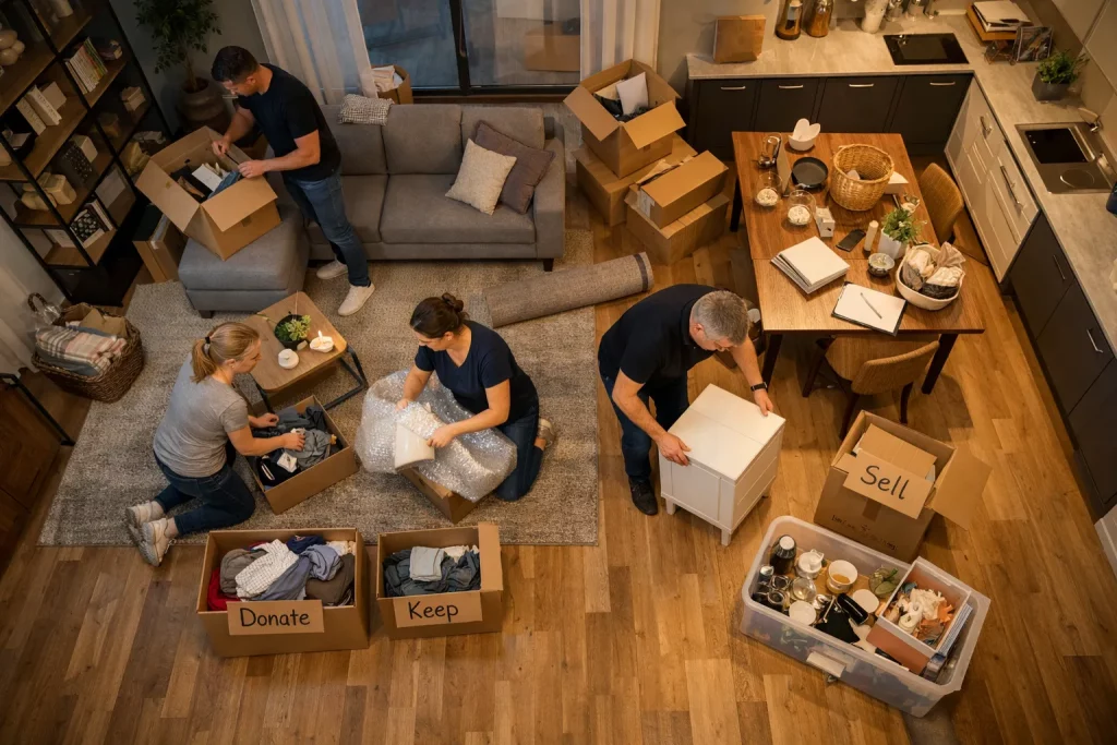 Vier Menschen packen Gegenstände aus und sortieren sie in Kartons mit Schildern wie „Donate“, „Keep“ und „Sell“ in einer Wohnung.