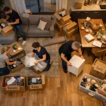 Vier Menschen packen Gegenstände aus und sortieren sie in Kartons mit Schildern wie „Donate“, „Keep“ und „Sell“ in einer Wohnung.