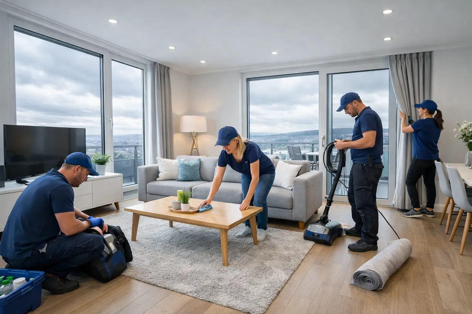 Vier Reinigungskräfte in blauer Kleidung reinigen ein Wohnzimmer mit Sofa, Fernseher und großem Fenster. Sie arbeiten gemeinsam.