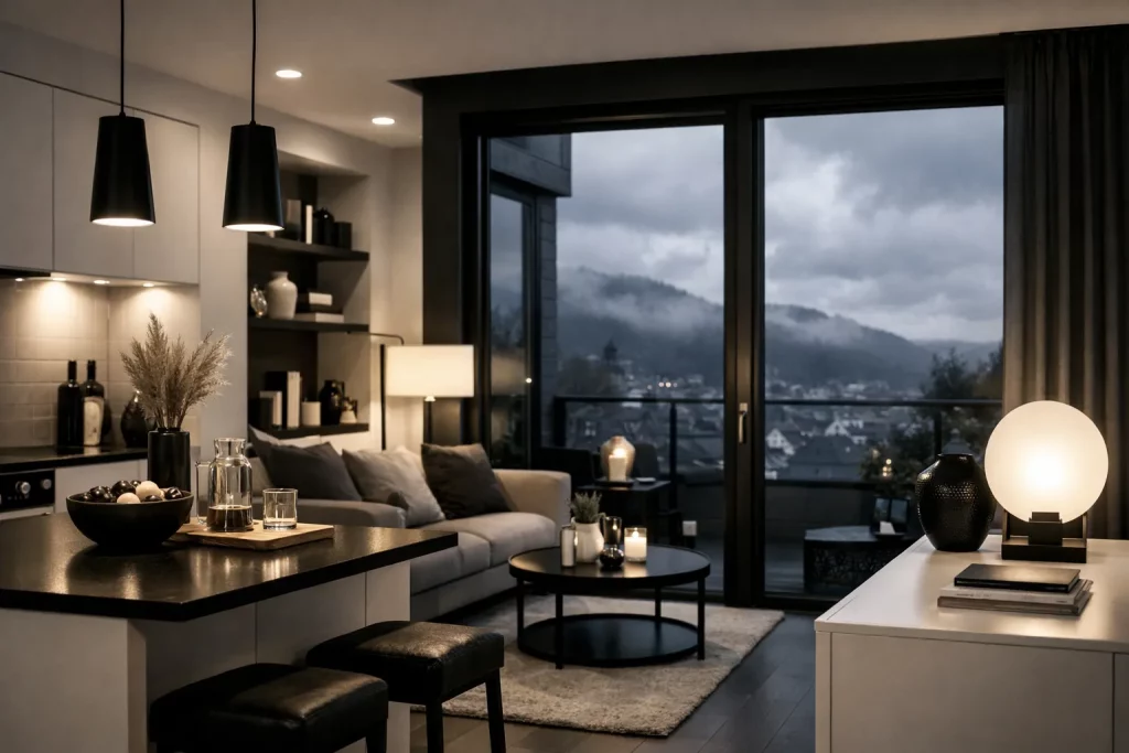 Innenansicht eines modernen Wohnzimmers bei Nacht mit Sofa, Bücher, Lampen und Blick auf bewaldete Berge durch große Fenster.