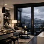 Innenansicht eines modernen Wohnzimmers bei Nacht mit Sofa, Bücher, Lampen und Blick auf bewaldete Berge durch große Fenster.