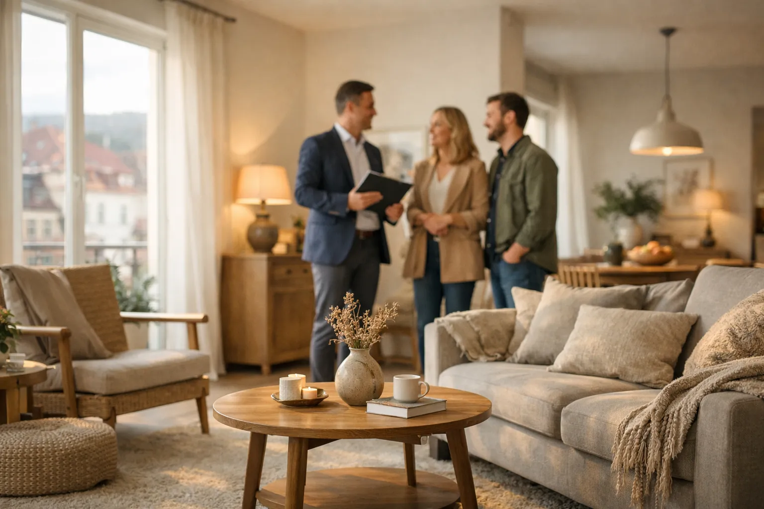 Drei Personen sprechen in einem wohnzimmer mit großen Fenstern. Ein Mann hält ein Buch, eine Frau und ein Mann hören zu.