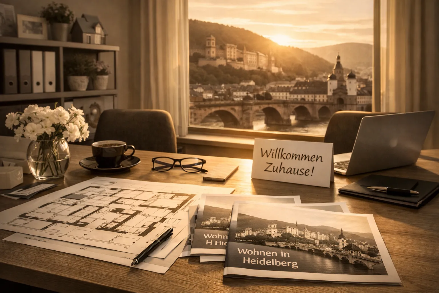 Ein Schreibtisch in einem Büro mit Bauplänen, Broschüren, Laptop, Blumen, Brille und einer Tafel mit „Willkommen Zuhause“. Blick auf Heidelberg.