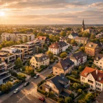 Ein Sonnenuntergang über einer Stadt mit alten und neuen Häusern, viel Grün und einer Kirche im Hintergrund. Keine Menschen sichtbar.