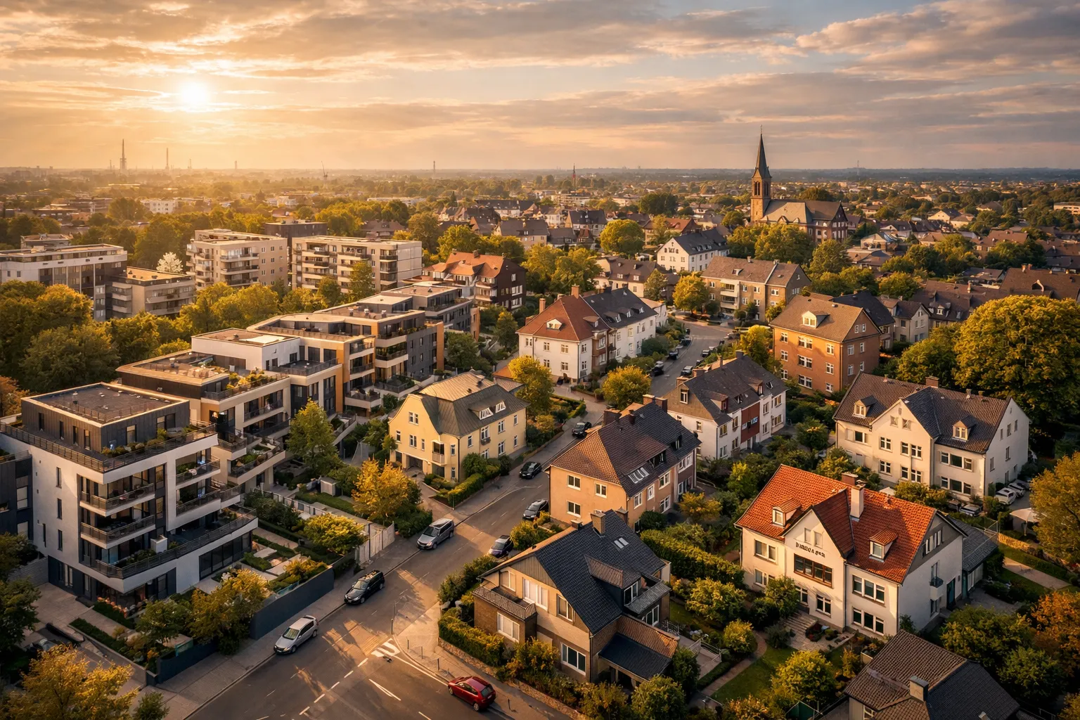 Ein Sonnenuntergang über einer Stadt mit alten und neuen Häusern, viel Grün und einer Kirche im Hintergrund. Keine Menschen sichtbar.