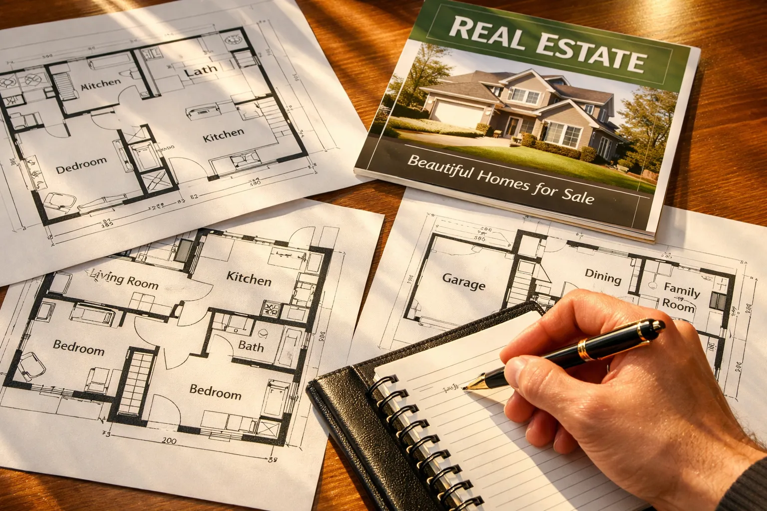 Büro mit Bauplänen und einem Hand, die Notizen macht, daneben Werbeprospekt „Real Estate – Schöne Häuser zum Verkauf".