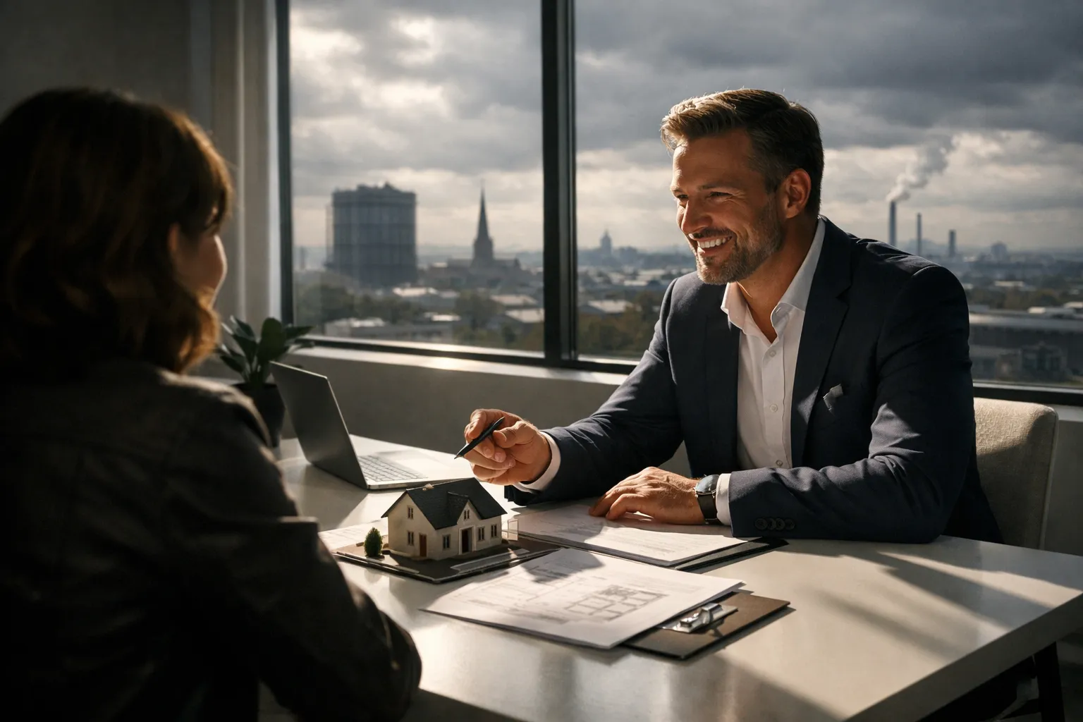 Ein Mann im Anzug spricht mit einer Frau in einem Büro mit Blick auf die Stadt, während er einen Modellhaus auf dem Tisch zeigt.