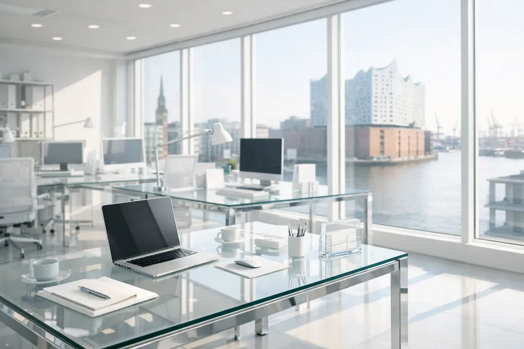 Helles Büro mit Glaswänden, Blick auf Wasser und Stadt. Schreibtisch mit Laptop, Tasse, Stift, Mouse und Aktenordner.