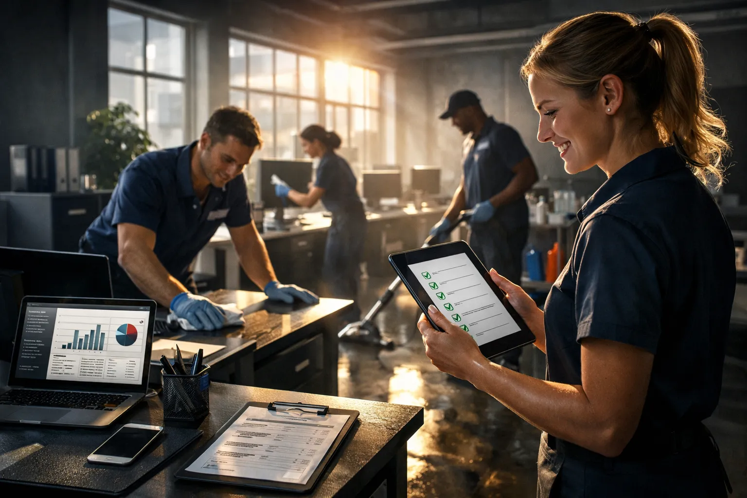 Motiv in einer industriellen Küche, lachende Frauen mit Tablet, Männer beim Putzen, die Sonne scheint durch große Fenster.