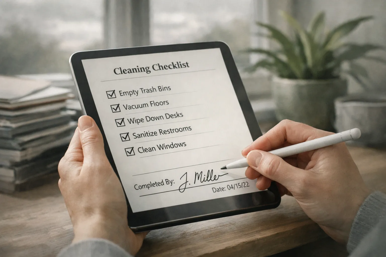 Ein Mensch hält ein Tablet mit einer Checkliste für das Putzen. Es liegt auf einem Tisch neben einer Pflanze und einem Stapel Ordner.