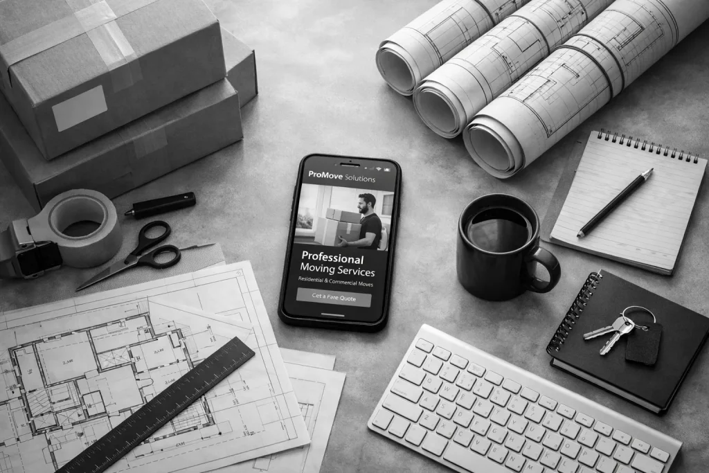 Büro-Arbeitsplatz mit Bauplänen, Laptop, Schlüssel, Notizbuch, Smartphone, Kaffetasse, Klebeband, Schere, Ruler, Tastatur und Rollleisten.