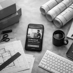 Büro-Arbeitsplatz mit Bauplänen, Laptop, Schlüssel, Notizbuch, Smartphone, Kaffetasse, Klebeband, Schere, Ruler, Tastatur und Rollleisten.