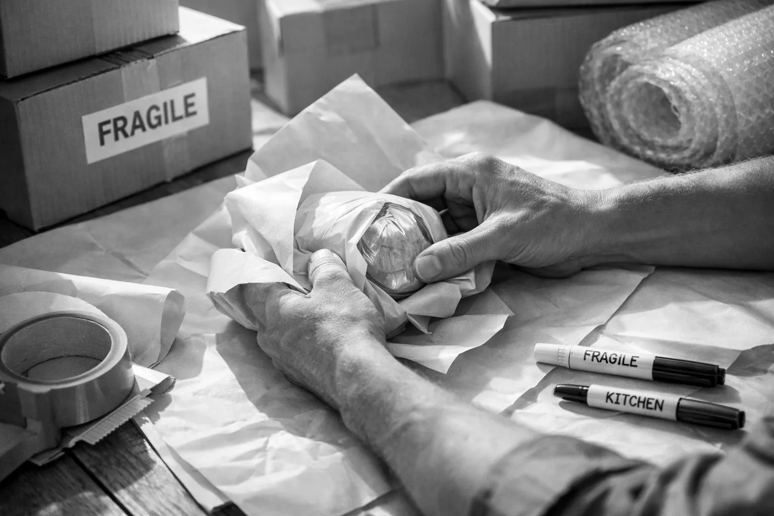 Hand schiebt Gegenstand, umwickelt mit Papier, auf Tisch. Hintergrund Kartons, Marker mit "Fragile" und "Kitchen". Schwarz-Weiß.