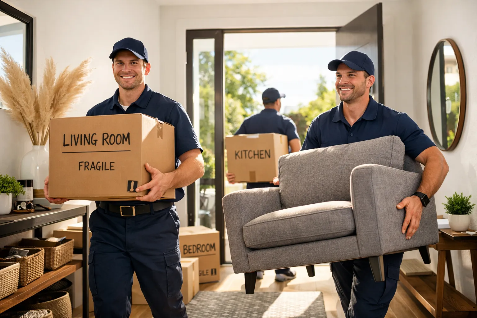 Zwei Umzugshelfer tragen Möbel im Haus, eines mit einem Sofa, die anderen mit Kartons. Freundlich und arbeitend, draußen ist es sonnig.
