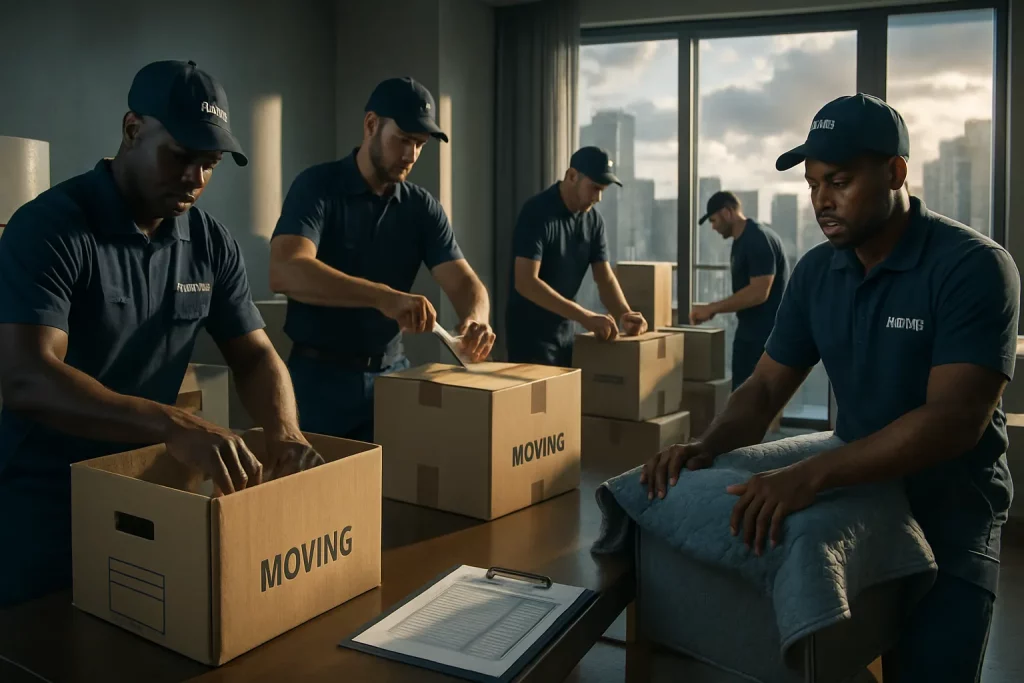 Fünf Männer packen in einem Büro Umzugskartons. Sie tragen die Kartons auf einen Tisch, draußen sind Hochhäuser zu sehen.