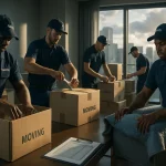 Fünf Männer packen in einem Büro Umzugskartons. Sie tragen die Kartons auf einen Tisch, draußen sind Hochhäuser zu sehen.