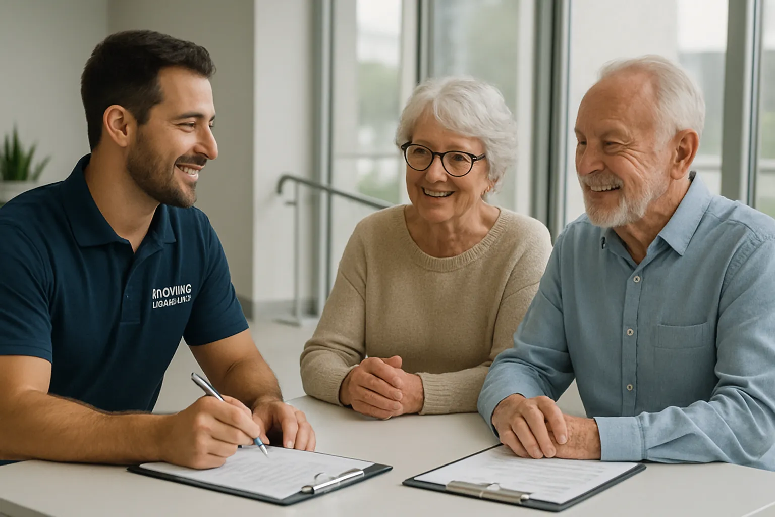 Drei Erwachsene sitzen im Büro, lachen, haben Papiere und Stifte vor sich, sprechen bei einem Treffen, vermutlich eine Beratung oder Anmeldung.