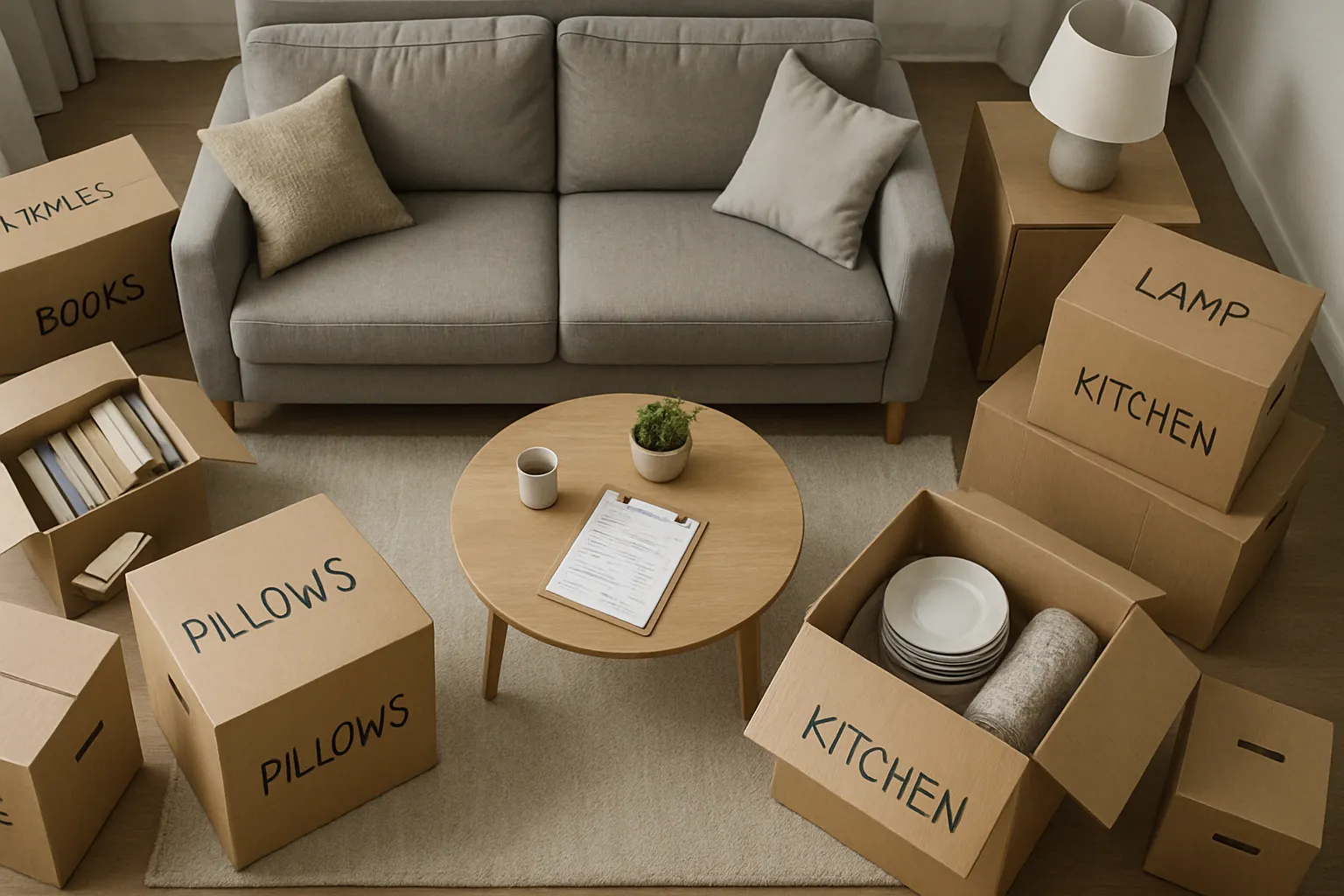 Viele große Kartons mit Aufschriften, eine Couch, ein Tisch mit Papier, Kaffee, Pflanze und weißen Geschirr. Alles ist zum Einziehen vorbereitet.