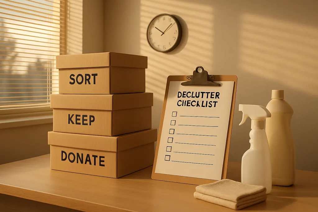 Drei Kartons mit „SORT“, „KEEP“, „DONATE“ auf einem Tisch, daneben eine Abhakliste, Reinigungsmittel, Tuch, Uhr an der Wand, Sonne scheint.