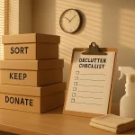 Drei Kartons mit „SORT“, „KEEP“, „DONATE“ auf einem Tisch, daneben eine Abhakliste, Reinigungsmittel, Tuch, Uhr an der Wand, Sonne scheint.