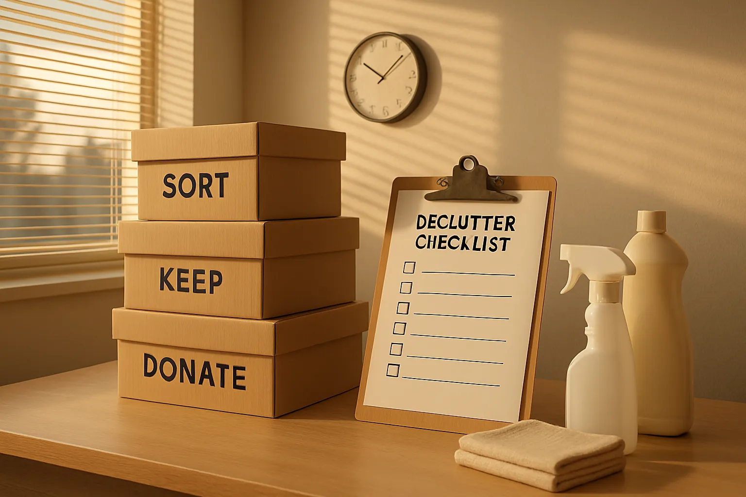 Drei Kartons mit „SORT“, „KEEP“, „DONATE“ auf einem Tisch, daneben eine Abhakliste, Reinigungsmittel, Tuch, Uhr an der Wand, Sonne scheint.