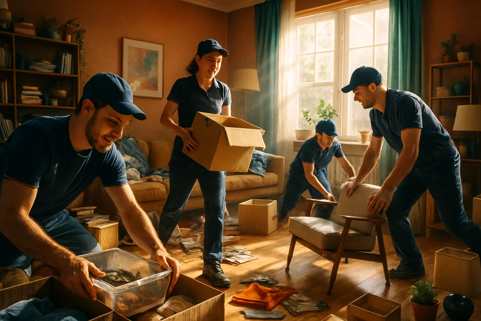 Vier Leute packen Gegenstände in einen Raum. Sie tragen Kisten und sind beim Umzug. Alles ist hell und ordentlich.
