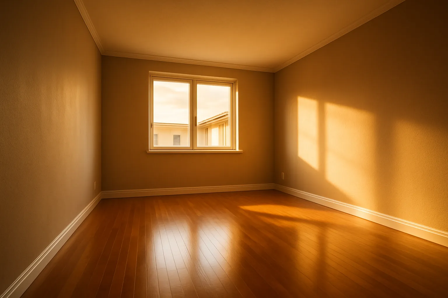 Ein unmöbliertes Zimmer mit Holzfußboden, gelben Wänden und einem Fenster, durch das Sonnenlicht und Schatten auf die Wand fallen.