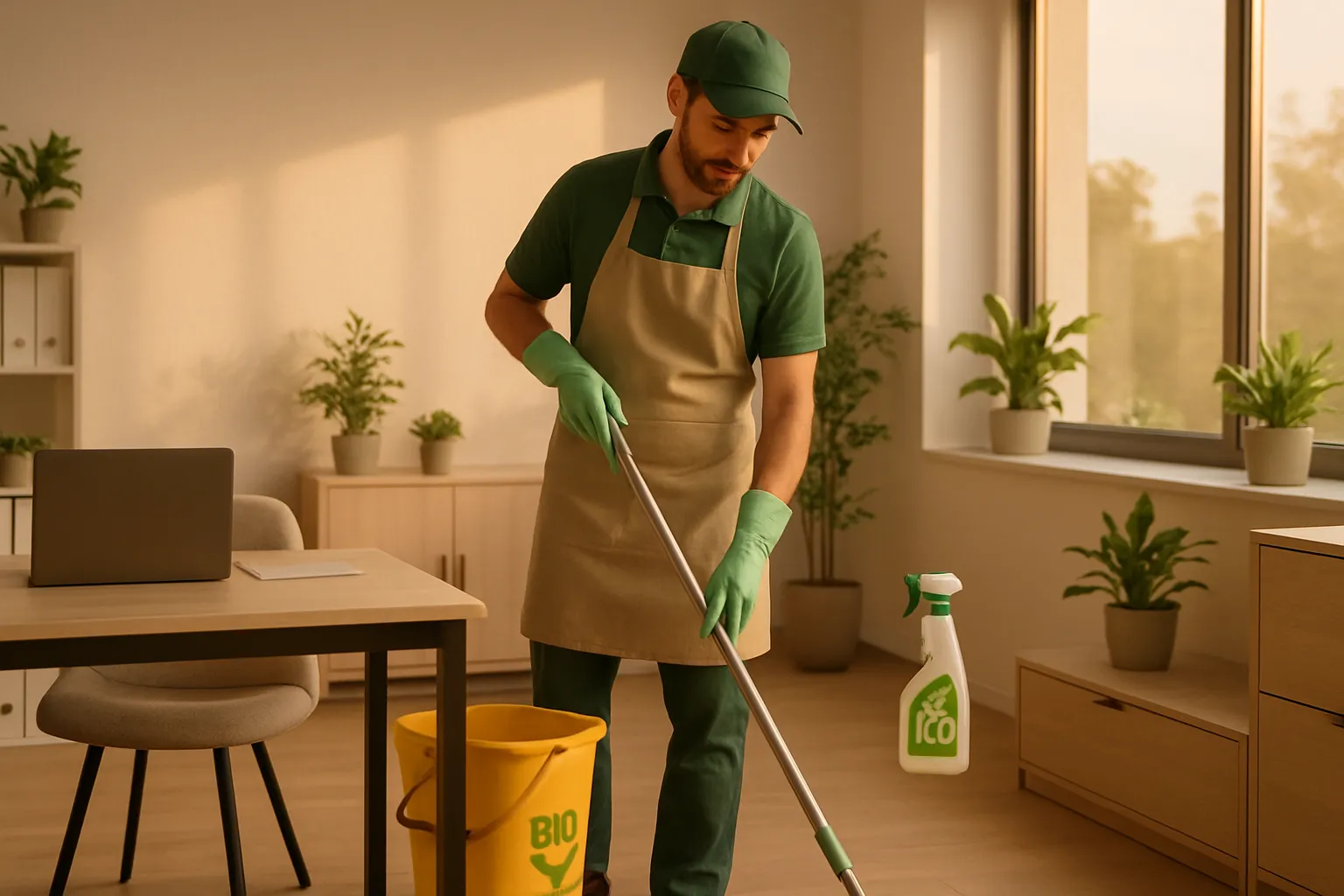 Ein Mann in grüner Kleidung und Schürze putzt im Büro mit einem Wischmopp, neben einem Eimer mit Bio-Logo und Sprayflasche.