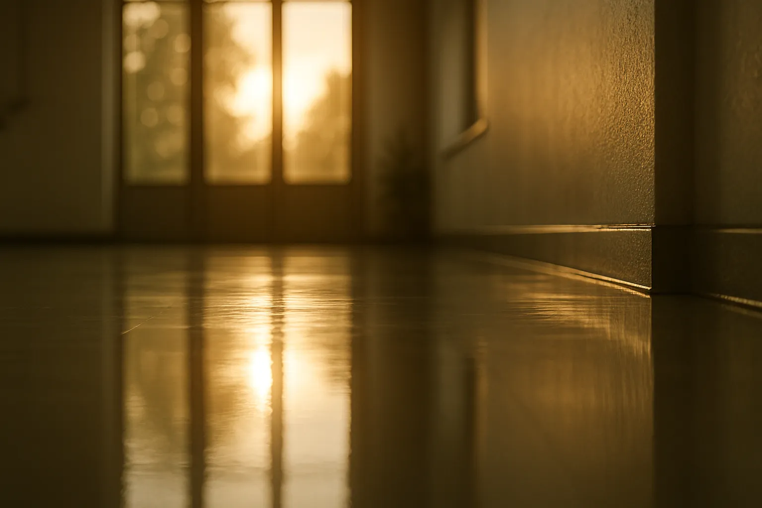 Sonnenlicht strömt durch Fenster auf einen glänzenden Boden in einem Flur, an dem niemand zu sehen ist. Stimmungsvoll, warm und ruhig.