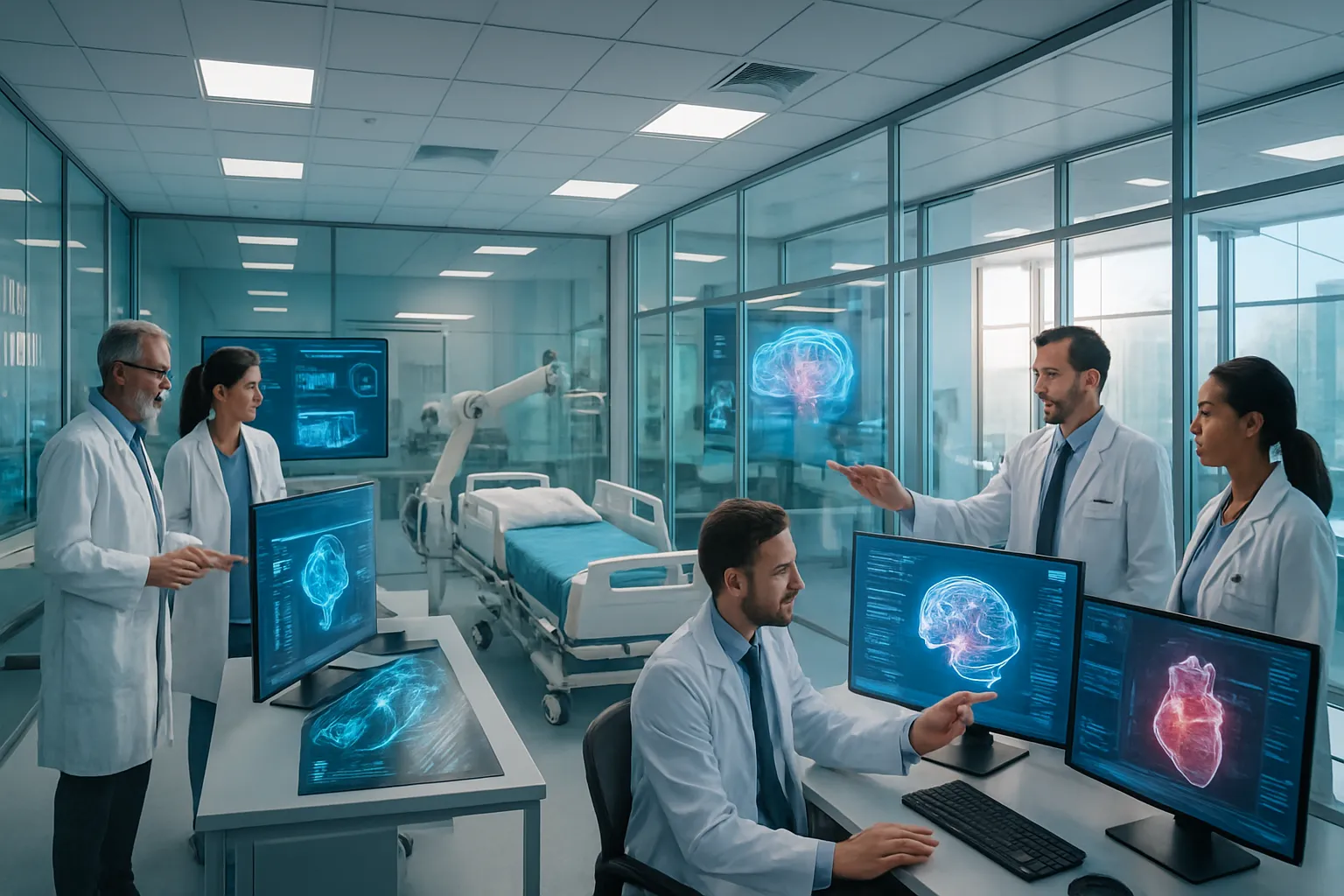 Ärzte und Ärztinnen arbeiten in einem modernen Klinikum mit mehreren Computerbildschirmen, auf denen digitale Gehirn- und Herz-Modelle zu sehen sind.