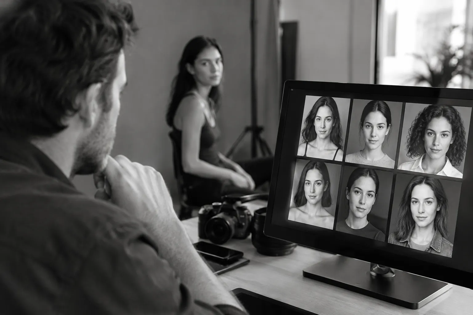 Ein Fotograf betrachtet am Computer sechs Porträtaufnahmen einer Frau; sie sitzt im Studio neben einer Kamera.