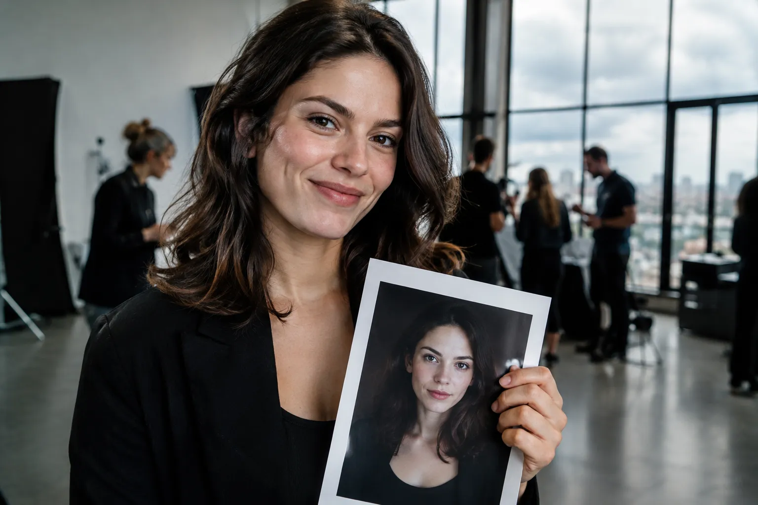 Eine lächelnde Frau hält in einem hellen Fotostudio ein Porträtfoto von sich; im Hintergrund arbeiten weitere Personen.